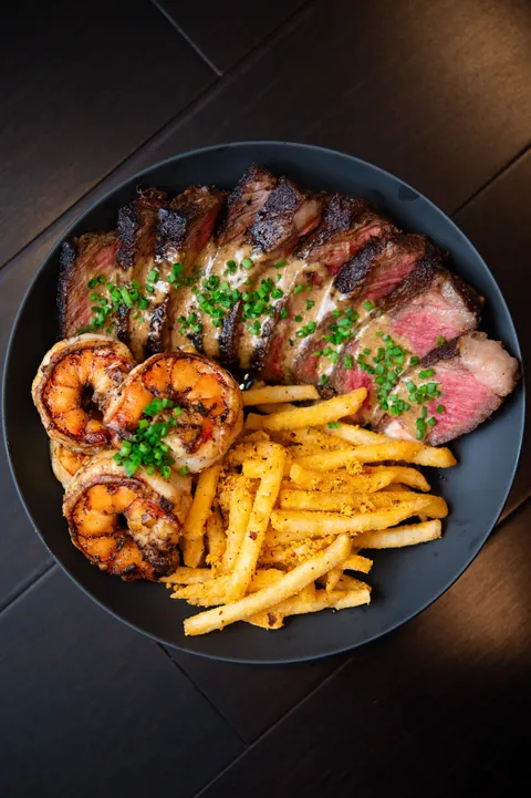 [homemade] steak, shrimp and seasoned fries