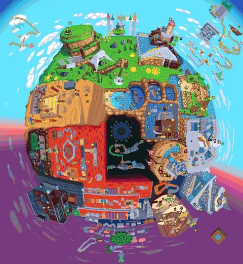 A Mario 64 animated pixel globe