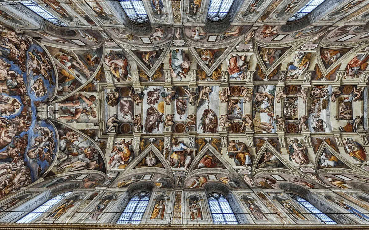 The ceiling of the sistine chapel, hand painted by Michelangelo between 1508 and 1512.