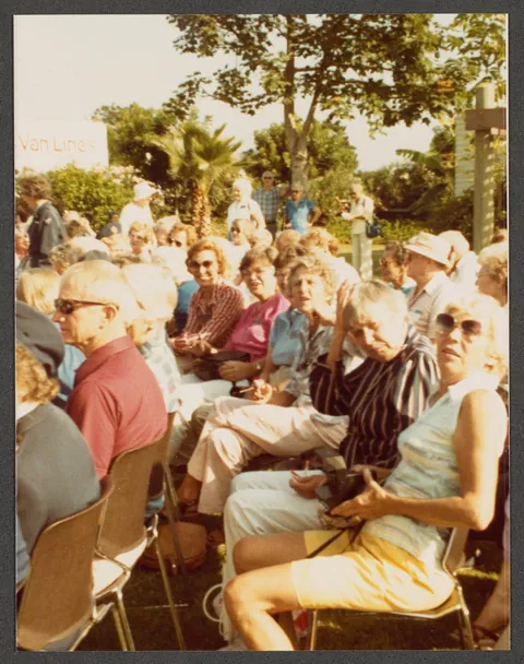 Photos of a group of WASP (Women Airforce Service Pilots) veterans posing together at their 1984 reunion in San Diego, CA