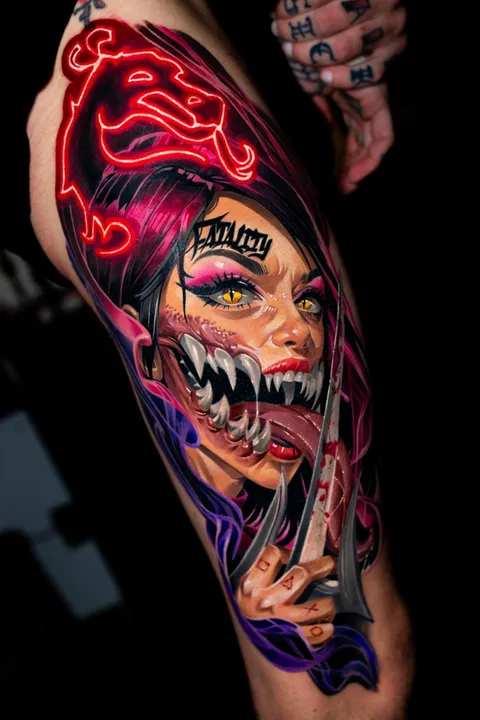 Mortal Kombat Mileena tattoo. Artist Andy Noir.