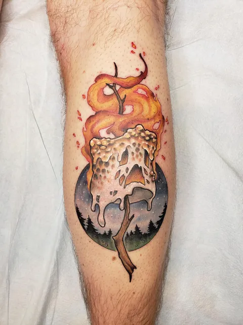 Toasted marshmallow, done by Arturo, @ Arturo art tattoo studio, London Ontario (Canada) original design by u/grave_ridge