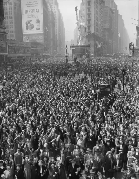 New York City was the scene of a massive celebration after the unconditional surrender of Nazi Germany in 1945