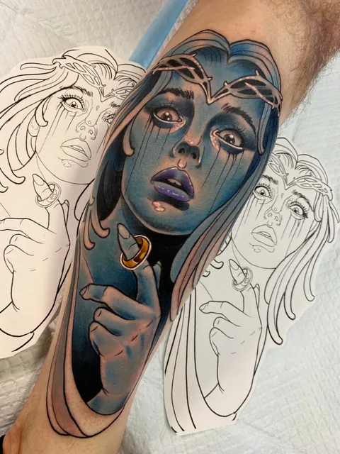 Corrupted Galadriel by me, Lee Mullen at Not Occult Tattoo in Seattle, WA