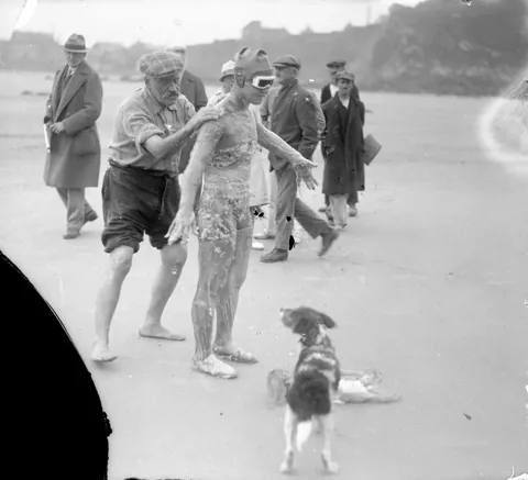 Gertrude Ederle when she crossed the english channel, 26 of August of 1926. Done in 14hr and 31 min, beating the male record of 16hr and 33 min.