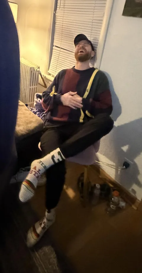 I had a surprise party for my husband and all of his childhood friends came. They were up till 3am telling stories. This is my new favorite picture of him.