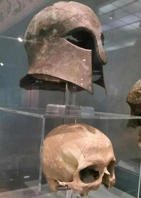 Skull and helmet of a Greek soldier, who fell in the Battle of Marathon around 2500 years ago