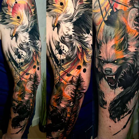 My phoenix and werewolf done in France by carolineleguetattoo