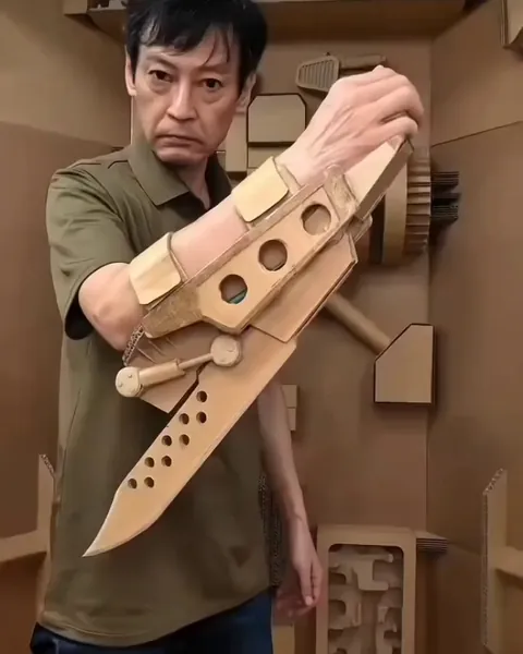 A man made cardboard's futuristic looking weapons