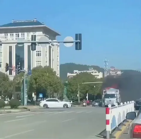 Driver takes his blazing truck to the fire department instead of waiting for them.