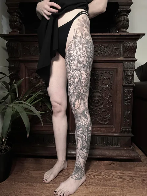 Full leg tattoo made by me (Ivan Zagusta) at Zaraza tattoo shop in Warsaw, Poland