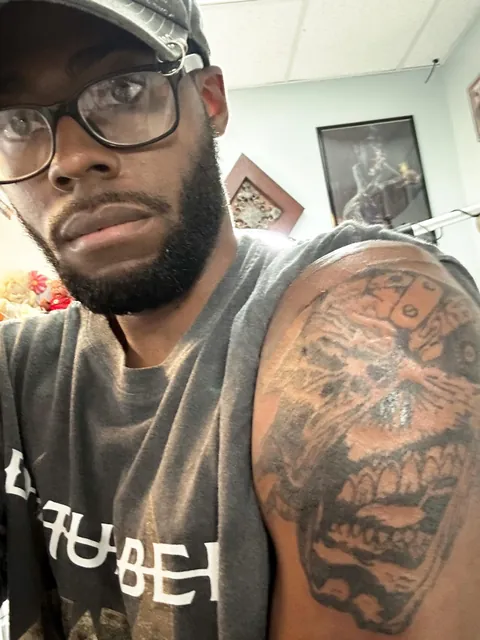 Iron Maiden: Powerslave album cover tattoo, left shoulder, Tim Smith, Albany ga,