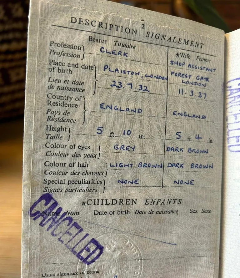 Passport from my grandparent’s honeymoon (when wives didn’t have their own passports)