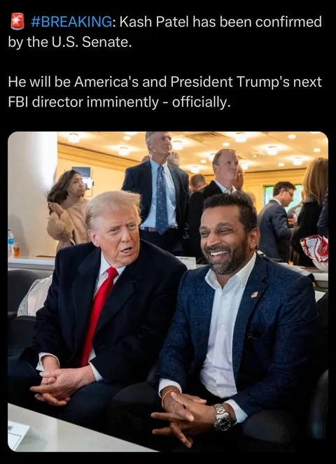 Kash Patel has been confirmed as the next FBI Director (McConnell voted yes)