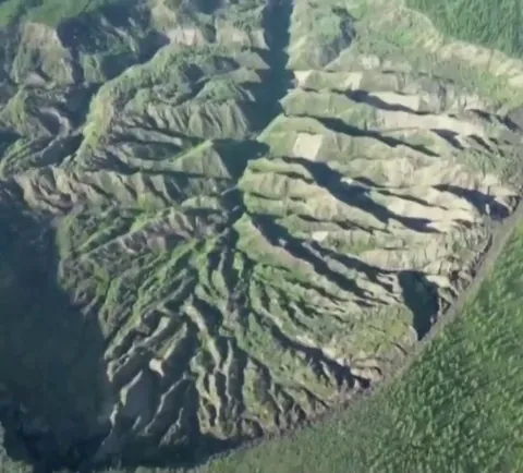 🔥the Batagaika Crater is a giant, rapidly growing chasm in the permafrost of Siberia. Its melting has revealed ancient, mummified wildlife, tens of thousands of years old.