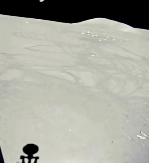 16mm film footage captured from the Apollo 15 LM ascent stage during liftoff from the Hadley-Apennine lunar landing site on August 2, 1971