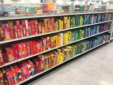 Games at the thrift shop were arranged according to color.