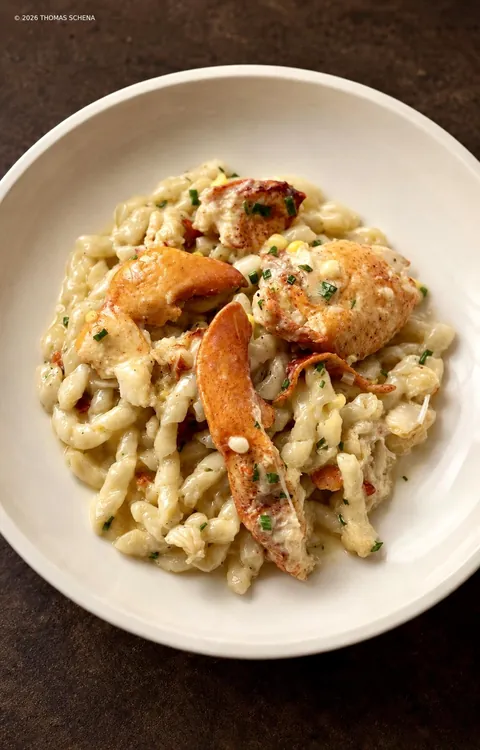 [oc] Maine lobster pasta with local corn in Champagne–Calabrian chile sauce
