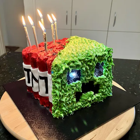 My 6yo couldn’t decide between a Creeper or TNT themed Minecraft birthday cake. Why not both?