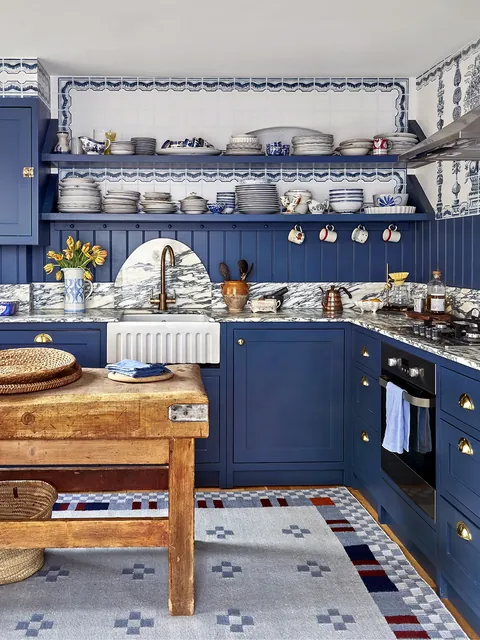 Kitchen renovation with lacquered tile patterned wallpaper, Highbury, North London, UK [1080x1440]