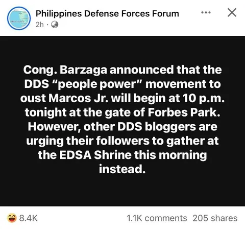 Kiko Barzaga wants to protest at Forbes Park tonight while other DDS influencers want to protest at EDSA Shrine this morning instead