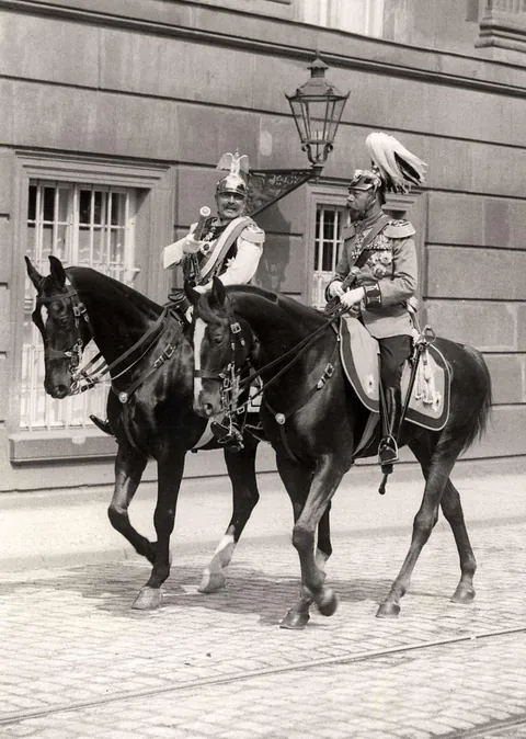 Kaiser Wilhelm II riding together with cousin George V of Great Britain in Berlin, Prussia. Months before WWI, 28 of May (1913)