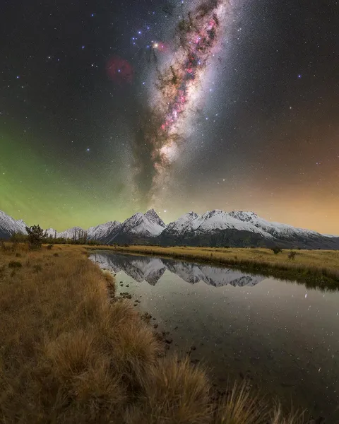 Milky Way rising over a stream in New Zealand