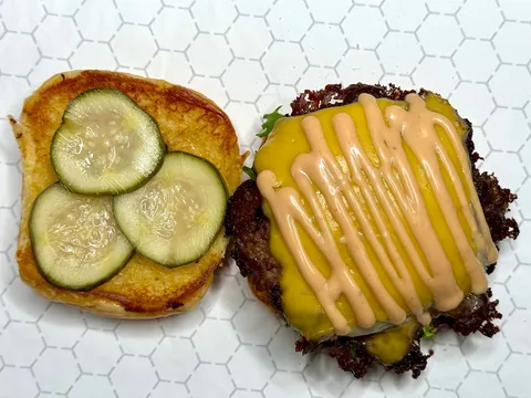 Bacon double smash burger with [homemade] mustard pickles