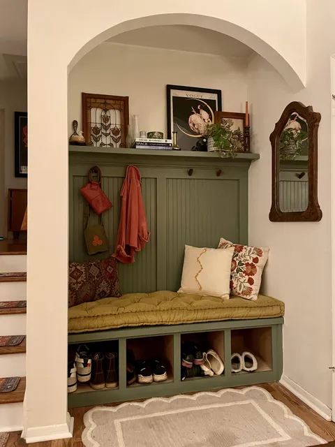 Turned my entry closet into a cozy nook/mudroom :)