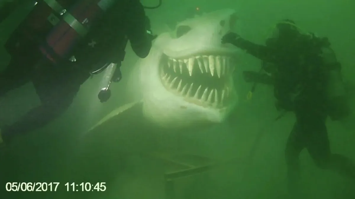 There’s a horrifying shark statue at the bottom of Lake Neuchâtel in Switzerland.