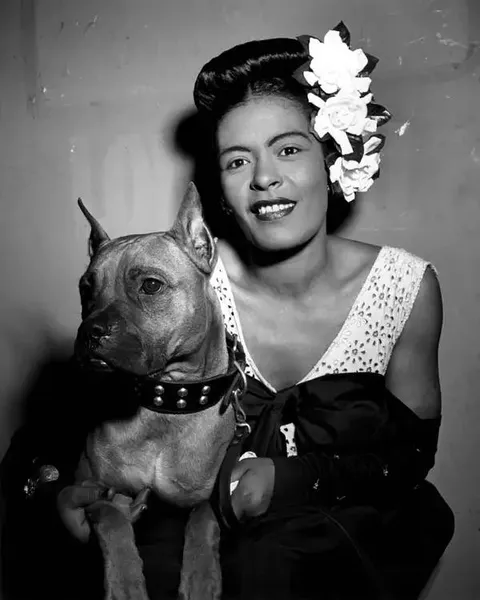 Billie Holiday with her dog, Mister (1947)