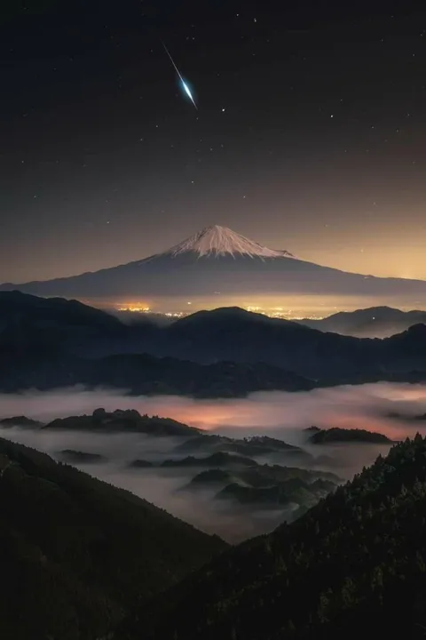 a meteor burning up over Mount Fuji