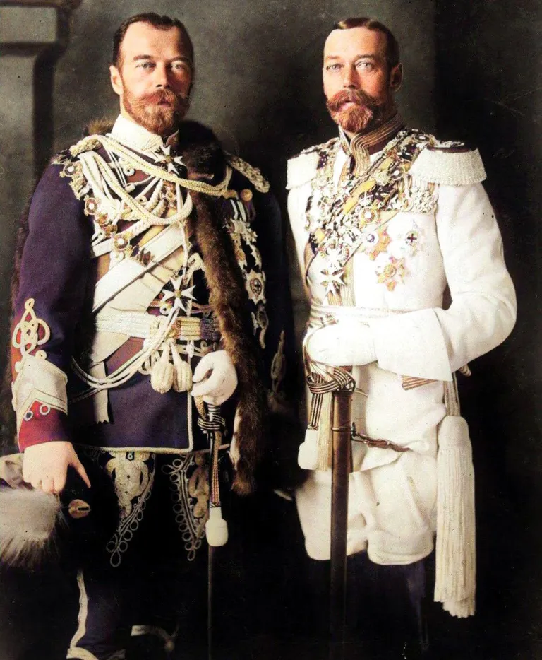 King George V and his cousin Tsar Nicholas II in German military uniforms in 1913.