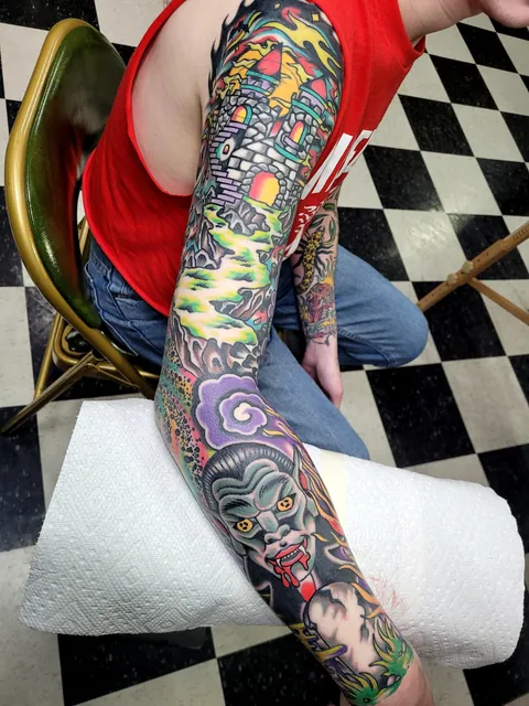 Vampire sleeve by Ryan at Lucky Mountain Tattoo (Erwin TN)