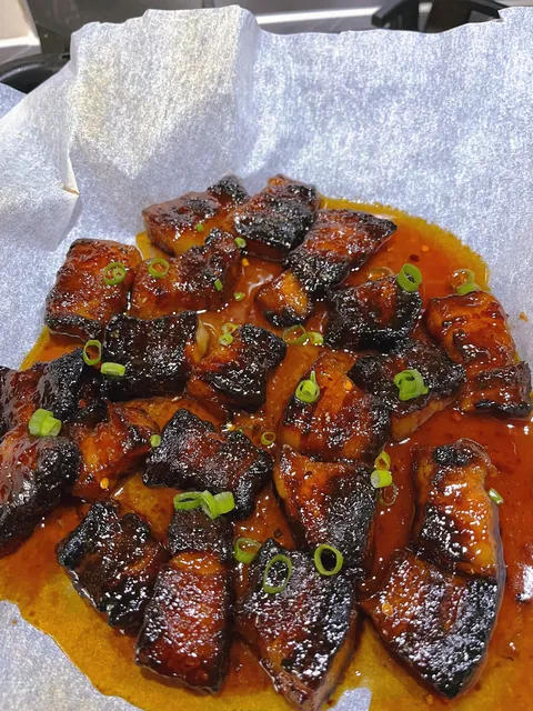 [homemade] Sticky pork belly bites.