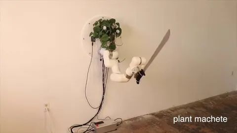 David Bowen's "plant machete" is an installation where a live philodendron plant controls a machete using its own electrical signals