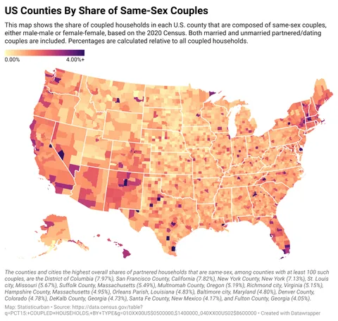 [OC] Gay and Lesbian Couples in the US, Mapped By County