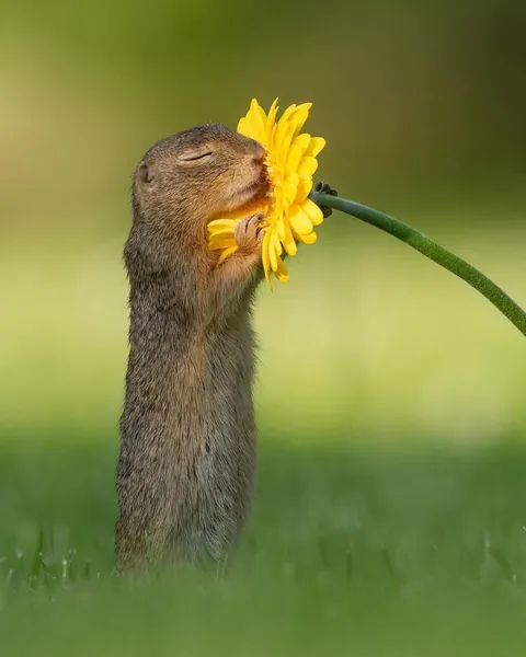 Squirrel Stops to Smell a yellow daisy