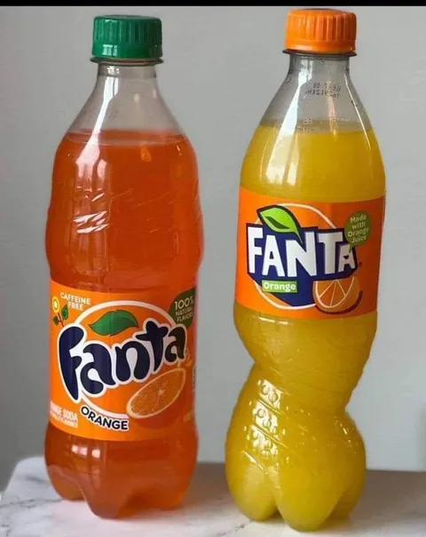 Fanta Orange in the US vs in the UK. UK Fanta gets its color from carrots, pumpkins, and orange fruit, while the US version gets it from dyes (red 40 and yellow 6). Also about 3 times as much sugar in the US version versus the UK version. Also there’s no orange juice in American Fanta.