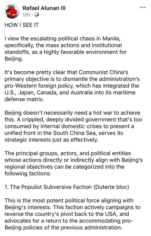 Communist China has been actively destabilizing the current administration with the aid of the DDS, INC, their localized espionage network (ex. the likes of Alice Guo), and their online propaganda network, according to Rafael Alunan III, Former DILG Sec. under President Fidel V. Ramos