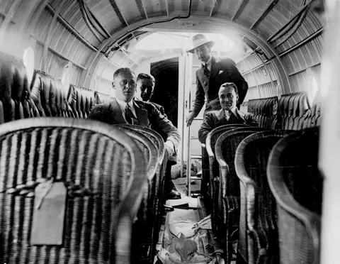 Inside of early commercial airplanes in the 1920s.