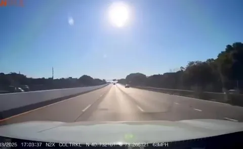 a vehicle flew over all lanes of traffic on a New York State highway on Wednesday. The 70-year-old driver behind the wheel veered off a service road, shot across an embankment and escaped with minor injuries and no one else was hurt.