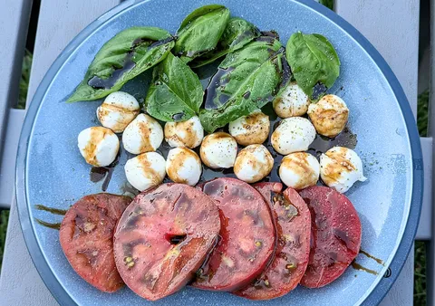 Home garden Caprese salad (Black from Tula heirloom tomato)