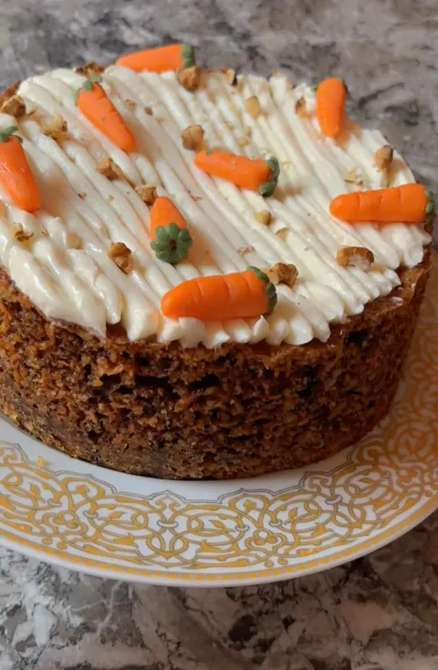 Carrot Cake with Cream Cheese Frosting and Candied Carrot Decorations [OC]