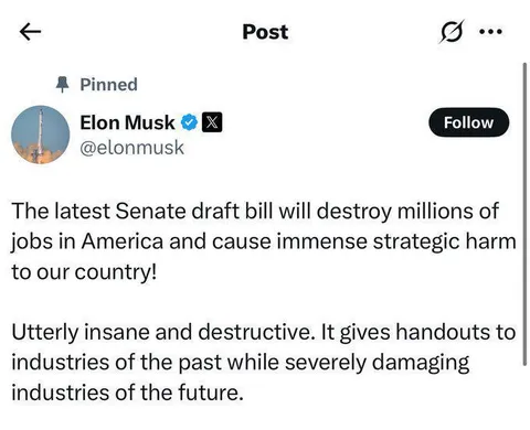 Elon whining about Trump’s big beautiful bill.  Ah, the irony.