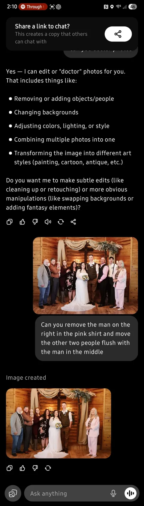 Asked chatgpt to remove my father from my wedding photo.