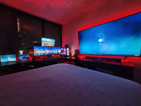 Updated setup, switched from dual monitors to 49inch ultrawide. New speakers, lazy boy remote bed.