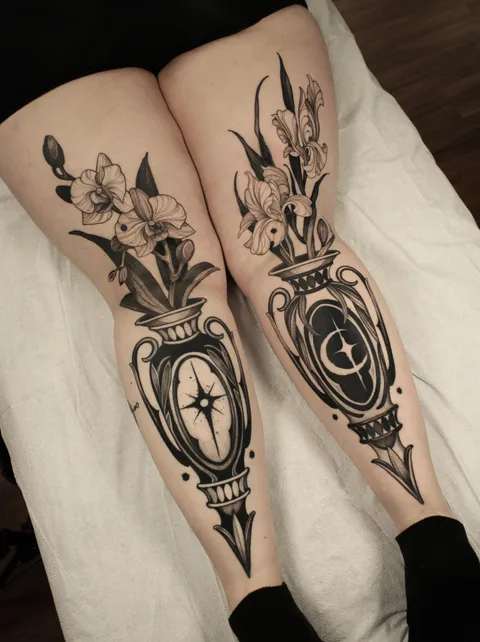Double floral vases done by Heather Apgar at All Sacred Tattoo Studio in Denver, Colorado