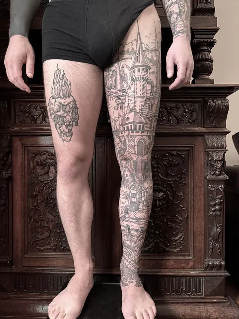 Full leg tattoo made by me (Ivan Zagusta) at Zaraza tattoo shop in Warsaw, Poland.