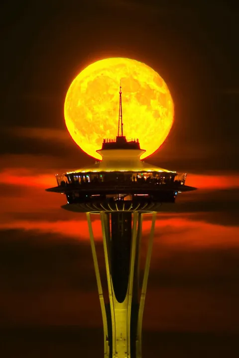 I Captured The Sturgeon Moon Perched Atop Seattle’s Space Needle Last Night.